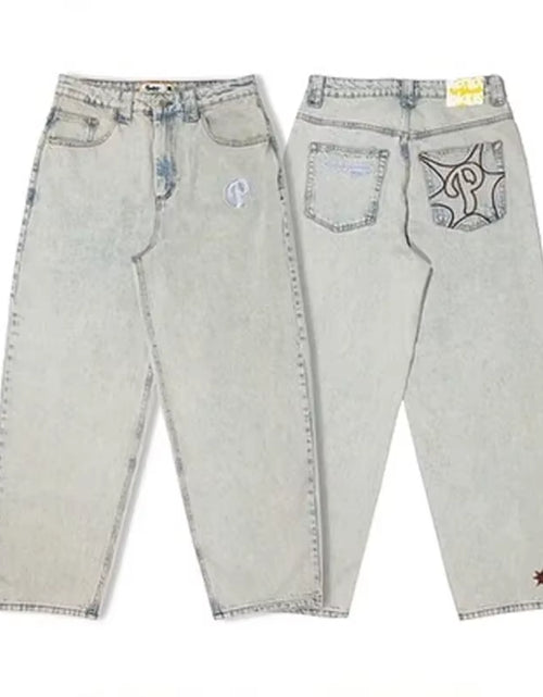 Load image into Gallery viewer, Streetwear PROTECT Jeans Y2K Mens Pants Harajuku Hip Hop Letter Embroidery Vintage Blue Baggy Jeans High Waist Wide Leg Trouser
